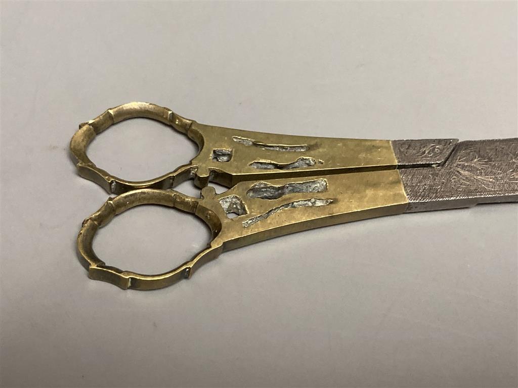 A pair of 18th/19th century Ottoman brass and steel calligraphers scissors with engraved decoration and three other pairs of scissors